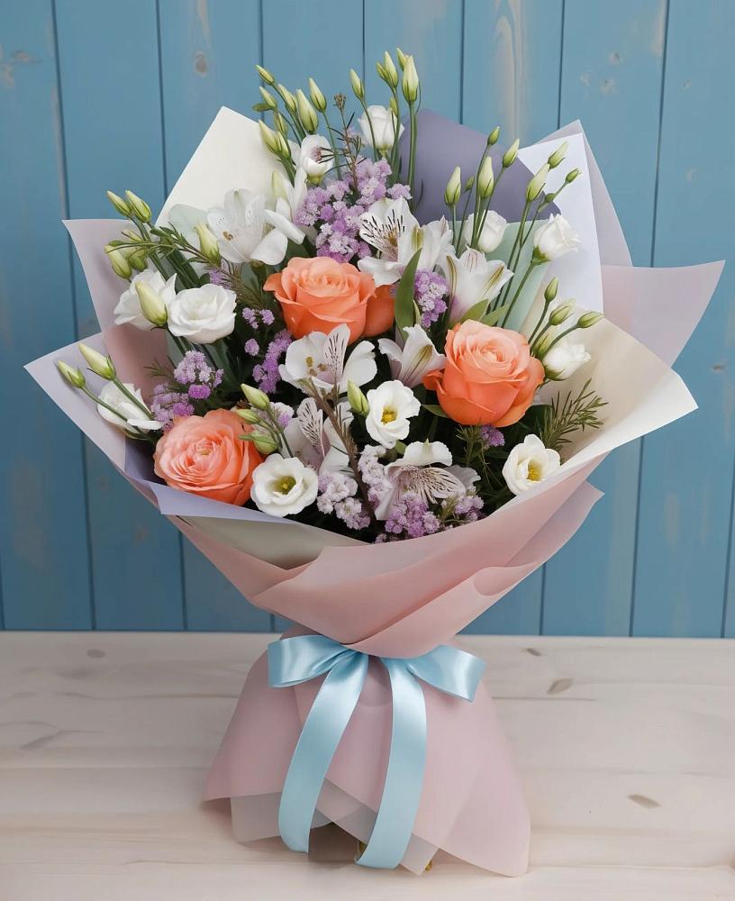 Букет цветов из: Лизиантусы, Розы, Альстромерии и Гипсофила в Сарманово