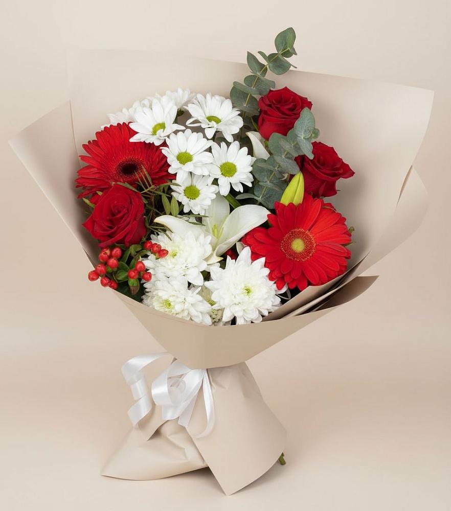 Букет цветов из: Розы, Хризантемы, Герберы и Лилии в Сарманово