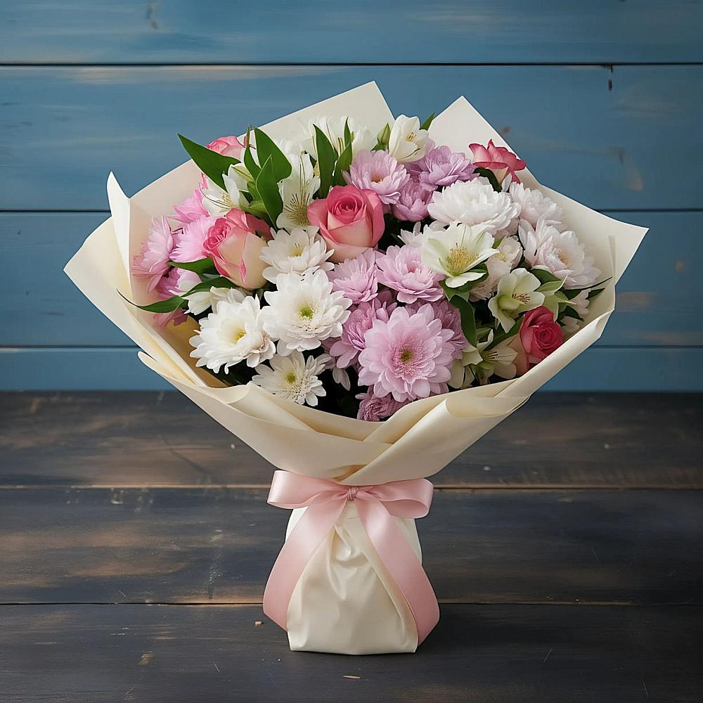 Букет цветов из: Хризантемы, Альстромерии и Розы в Сарманово